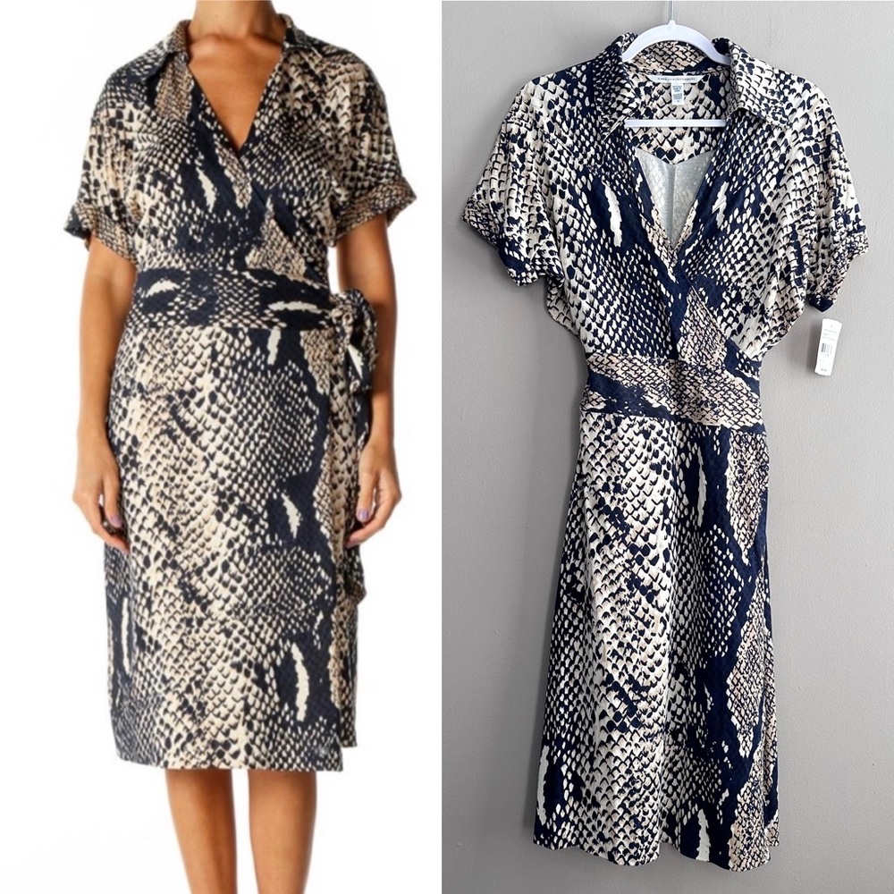 Diane von Furstenberg NWT Silk Blue Beige Python Short Sleeve Wrap Dress 12